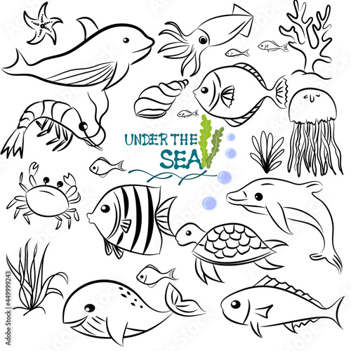 doodle style hand drawn, Fish and wild marine animals in ocean. Sea world dwellers, cute underwater creatures, coral reef inhabitants in their natural habitat, undersea fauna of tropics. Flat cartoon 