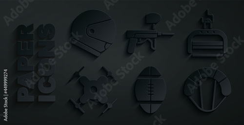 Set Rugby ball, Ski lift, Drone flying, Parachute, Paintball gun and Helmet icon. Vector