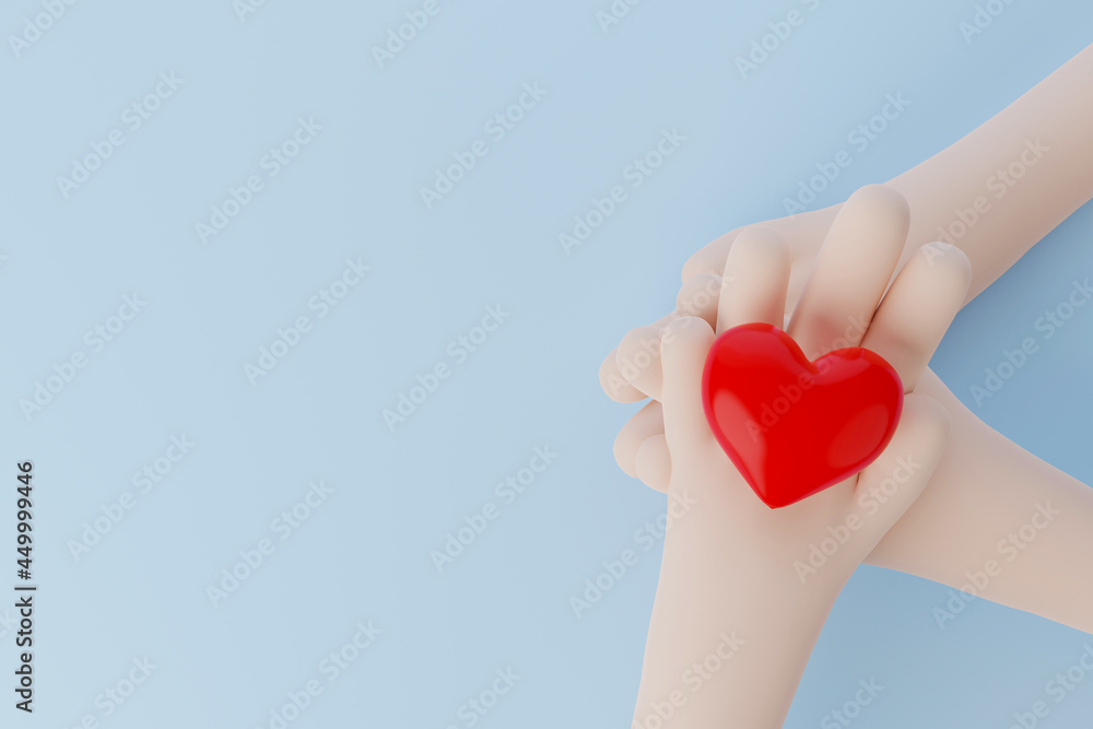 Fototapeta premium Hand holding and protect red heart. Health care insurance. Volunteer charity donation community. 3d illustration