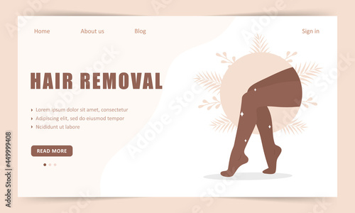 Hair removal. Landing page template. Laser and wax epilation. Morning routine. Perfect smooth african female legs. Skin care concept. Vector illustration in flat cartoon style.