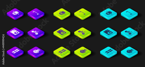 Set Ski and sticks, Jet ski, Action extreme camera, Bicycle, Longboard or skateboard and Rafting boat icon. Vector