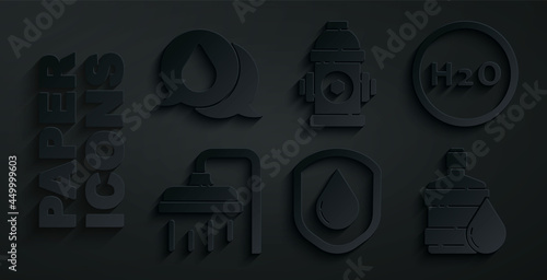 Set Waterproof, Chemical formula for H2O, Shower head, Big bottle with clean water, Fire hydrant and drop speech bubbles icon. Vector