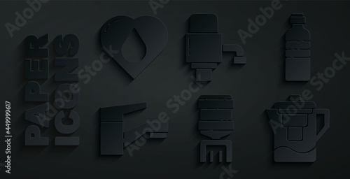 Set Water cooler, Bottle of water, tap, jug with filter, Mechanical pump for and Heart drop icon. Vector