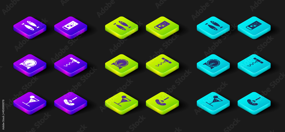 Set Martini glass, Pickled cucumber on fork, Wooden barrel rack, Wine corkscrew, Effervescent tablets water and Dried fish icon. Vector Set Martini glass, Pickled cucumber on fork, Wooden barrel rack, Wine corkscrew, Effervescent tablets water and Dried fish icon. Vector