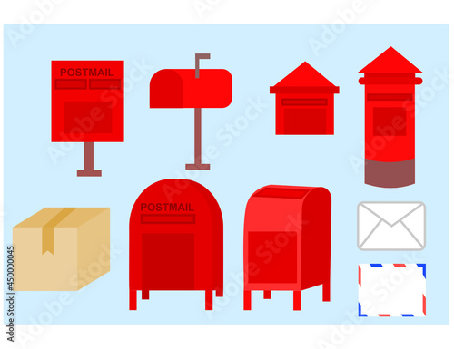 Set of red mailbox with mail.Post office, mailboxes and parcel.Letter and envelope.Communication or delivery.Sign, symbol, icon or logo isolated.Flat design.Cartoon vector illustration.