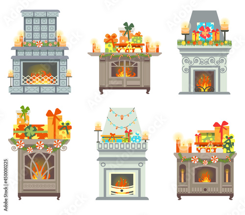 A set of Cozy Christmas fireplaces with gifts. Cute beautiful fireplaces are decorated with garlands and candles for the new year in a delicate color scheme. A festive set of climate equipment.