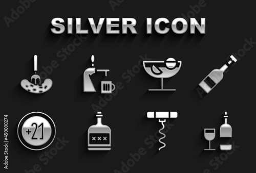 Set Alcohol drink Rum bottle, Opened of wine, Wine with glass, corkscrew, 21 plus, Cocktail, Pickled cucumber on fork and Beer tap icon. Vector
