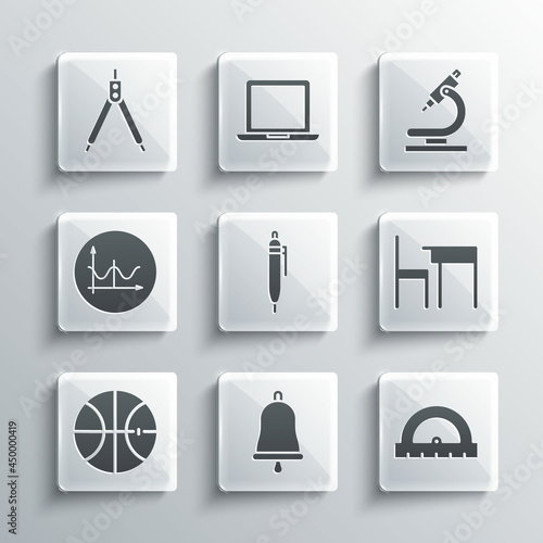 Set Ringing bell, Protractor, School table and chair, Pen, Basketball ball, Graph, schedule, chart, diagram, Drawing compass and Microscope icon. Vector © Kostiantyn