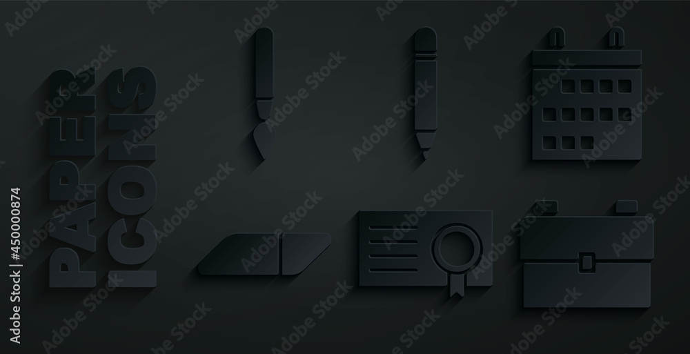 Set Certificate template, Calendar, Eraser or rubber, School backpack, Pencil with eraser and Paint brush icon. Vector Set Certificate template, Calendar, Eraser or rubber, School backpack, Pencil with eraser and Paint brush icon. Vector