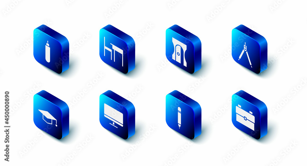 Set School table and chair, Pencil sharpener, Drawing compass, backpack, with eraser, Computer monitor screen, Graduation cap and Marker icon. Vector Set School table and chair, Pencil sharpener, Drawing compass, backpack, with eraser, Computer monitor screen, Graduation cap and Marker icon. Vector