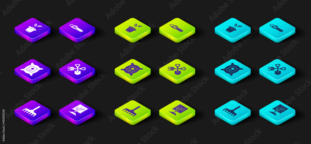 Set Garden rake, Tree, Pack full of seeds of plant, Shovel and, Chainsaw and Plant pot icon. Vector Set Garden rake, Tree, Pack full of seeds of plant, Shovel and, Chainsaw and Plant pot icon. Vector
