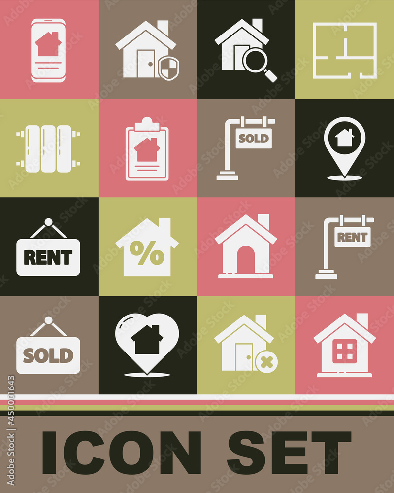 Set House, Hanging sign with Rent, Location house, Search, contract, Heating radiator, Online real estate and Sold icon. Vector Set House, Hanging sign with Rent, Location house, Search, contract, Heating radiator, Online real estate and Sold icon. Vector