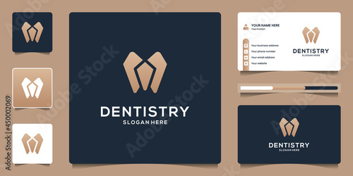 Flat minimalist dental logo template with business card for Dentistry clinic icon symbol