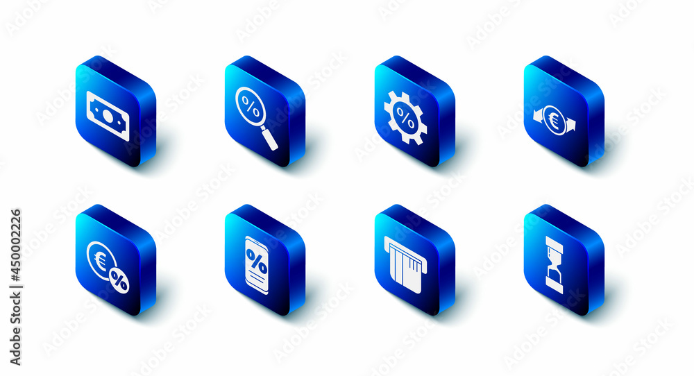 Set Magnifying glass with percent, Gear, Financial growth and euro coin, Old hourglass, Credit card, Percent discount mobile, Money and Stacks paper money cash icon. Vector Set Magnifying glass with percent, Gear, Financial growth and euro coin, Old hourglass, Credit card, Percent discount mobile, Money and Stacks paper money cash icon. Vector