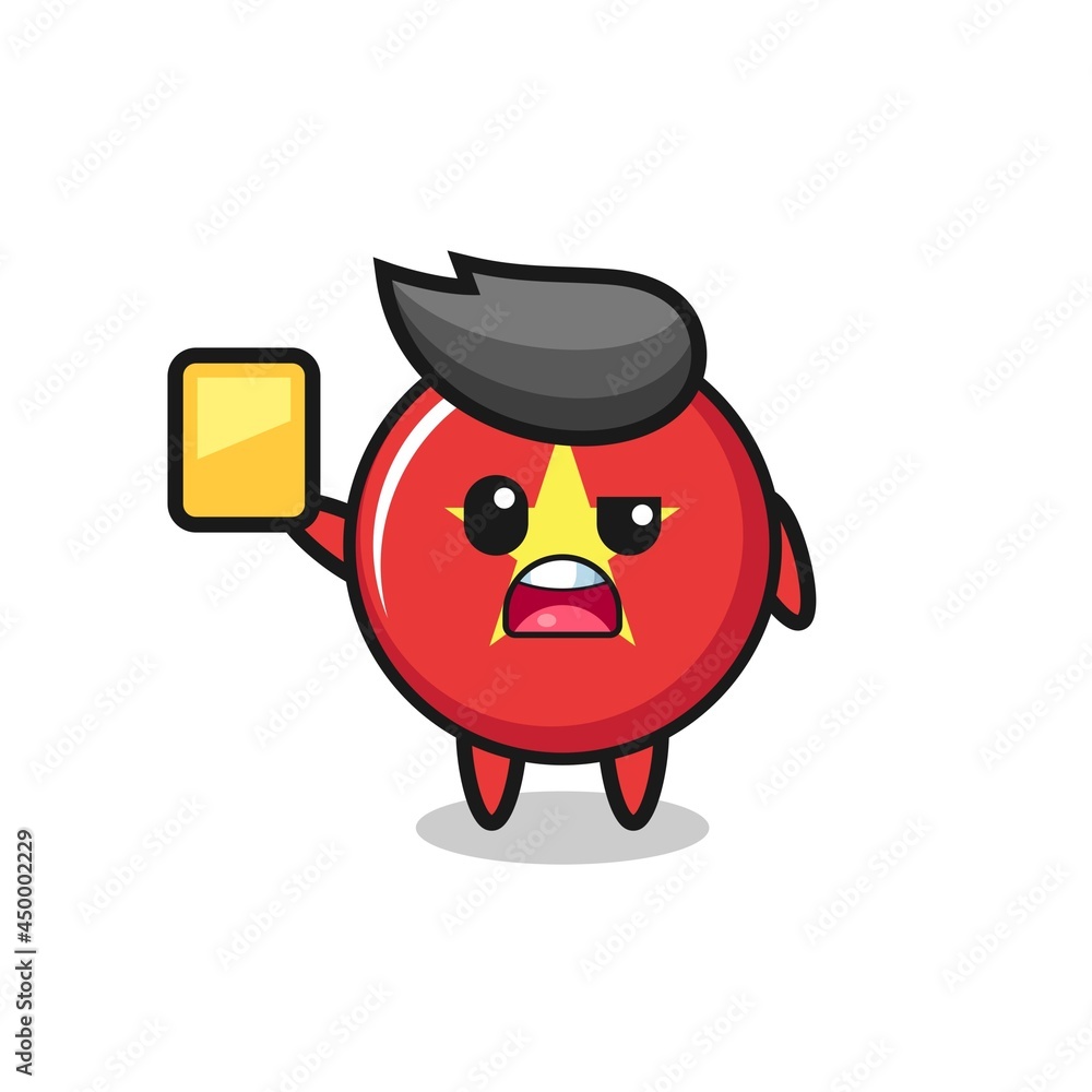 cartoon vietnam flag badge character as a football referee giving a yellow card cartoon vietnam flag badge character as a football referee giving a yellow card