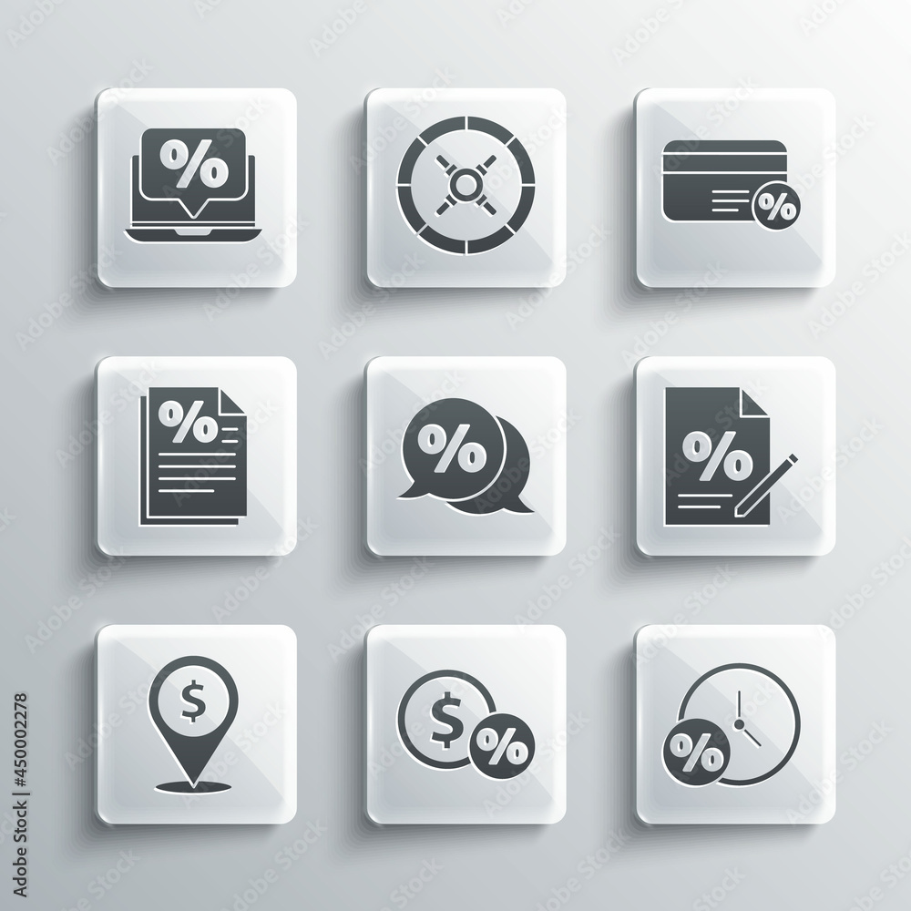 Set Money coin with percent, Clock and, Finance document, Discount tag, Cash location, Percent discount laptop and card icon. Vector Set Money coin with percent, Clock and, Finance document, Discount tag, Cash location, Percent discount laptop and card icon. Vector