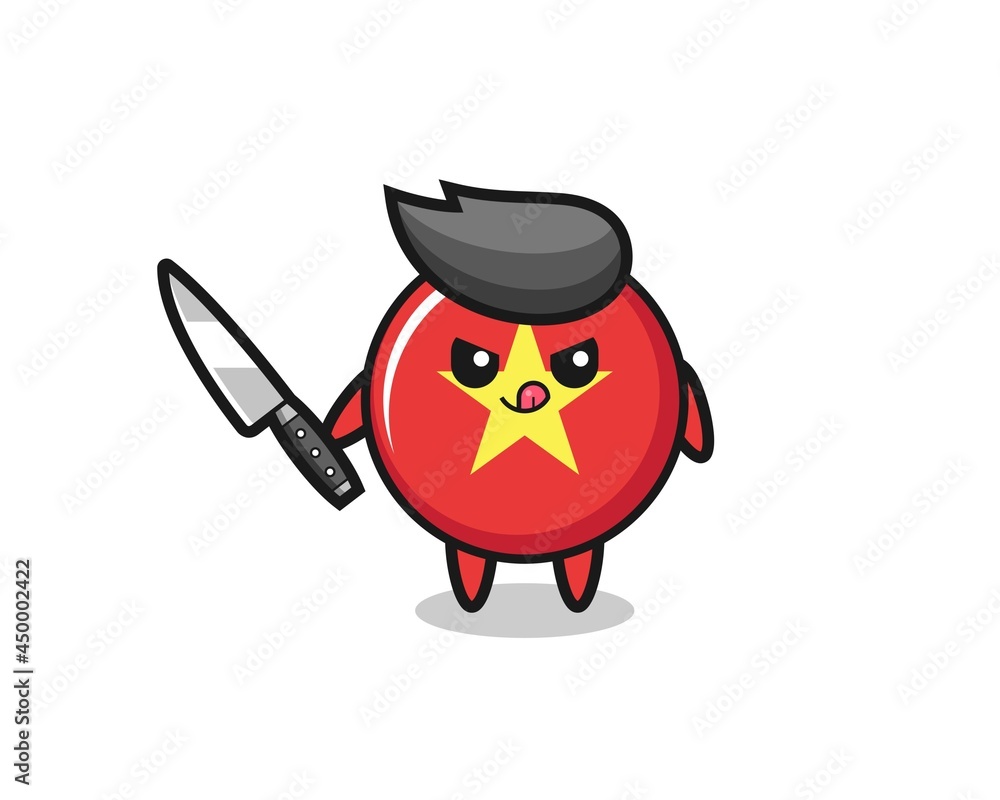 cute vietnam flag badge mascot as a psychopath holding a knife
