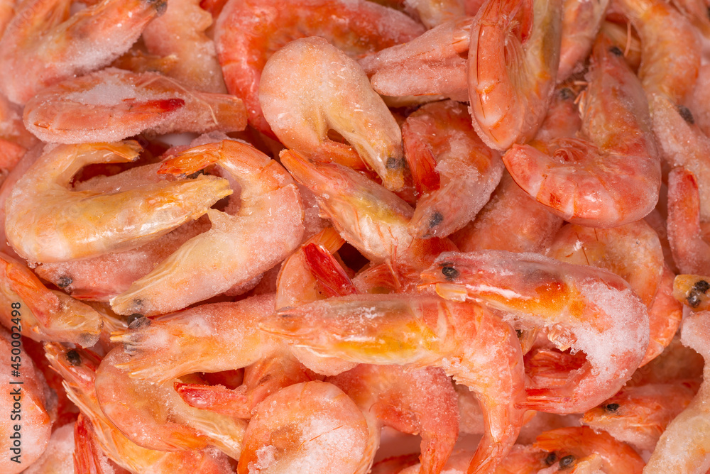 Fresh shrimps in ice. Top view.