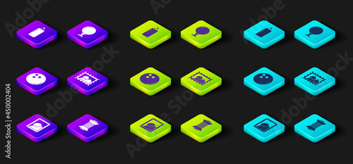 Set Picture landscape, Sewing thread on spool, Bowling ball, Postal stamp, Golf tee and Punching bag icon. Vector