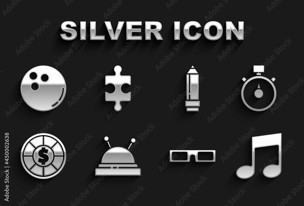 Set Needle bed and needles, Stopwatch, Music note, tone, Cinema glasses, Casino chips, Pencil with eraser, Bowling ball and Piece of puzzle icon. Vector Set Needle bed and needles, Stopwatch, Music note, tone, Cinema glasses, Casino chips, Pencil with eraser, Bowling ball and Piece of puzzle icon. Vector