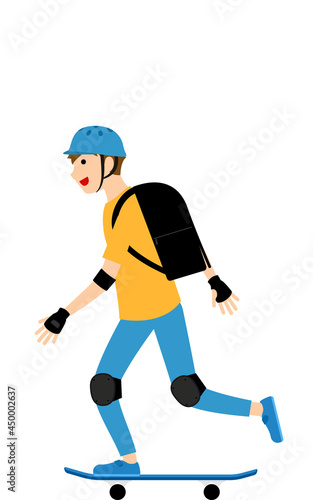 配達用のバッグを背負って滑走するスケーターの男の子 © TKM