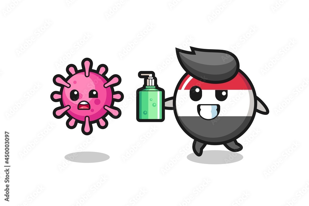 illustration of yemen flag badge character chasing evil virus with hand sanitizer
