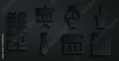 Set Calendar, Push pin, Tie, File document, Wrist watch and Chalkboard with diagram icon. Vector