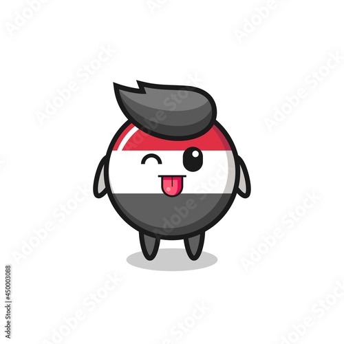 cute yemen flag badge character in sweet expression while sticking out her tongue