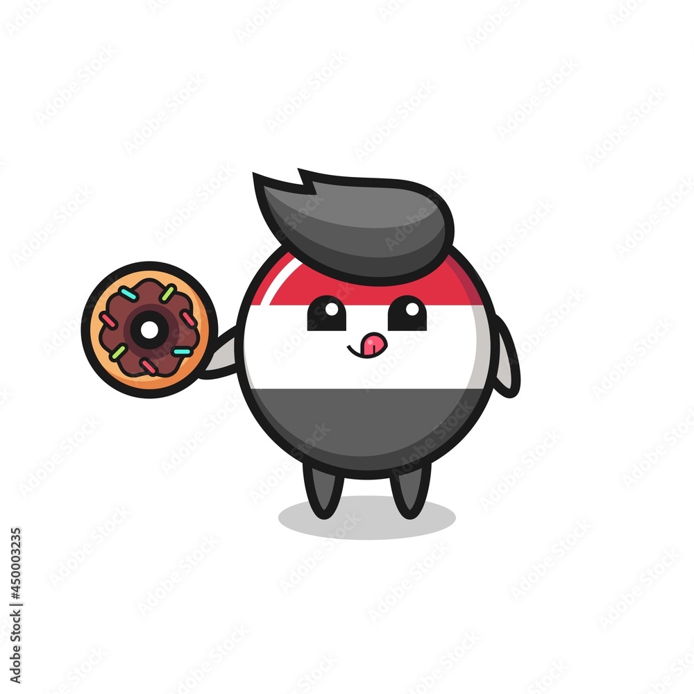 illustration of an yemen flag badge character eating a doughnut