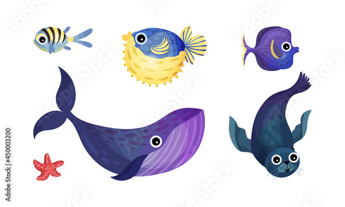 Marine Animals with Blowfish and Whale Vector Set