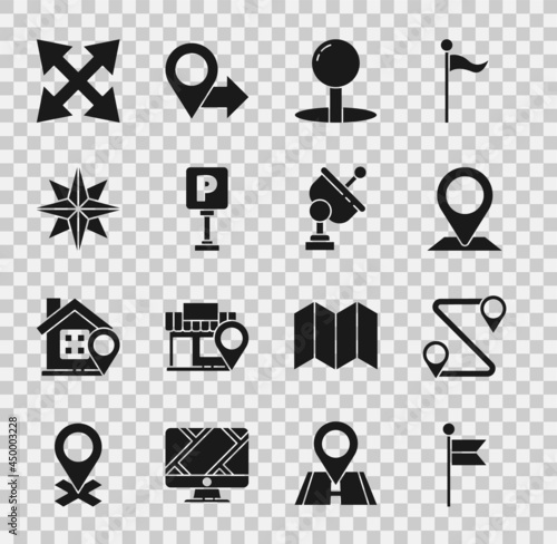 Set Location marker, Route location, Push pin, Parking, Wind rose, Road traffic sign and Radar icon. Vector