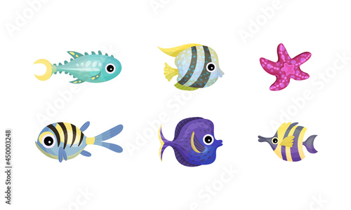 Marine Animals with Striped Fish and Starfish Vector Set