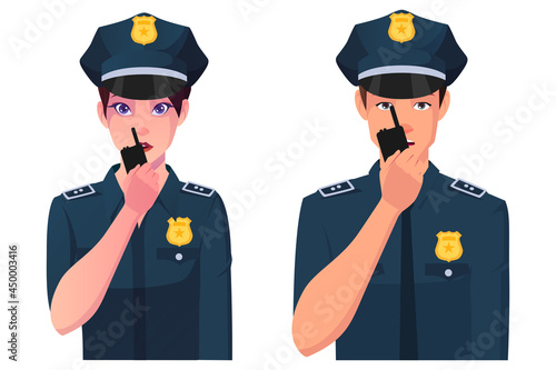 Policeman and Policewoman Speaking On Radio Illustration
