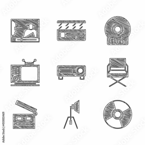 Set Movie, film, media projector, spotlight, CD DVD disk, Director movie chair, clapper, Retro tv, and Online play video icon. Vector