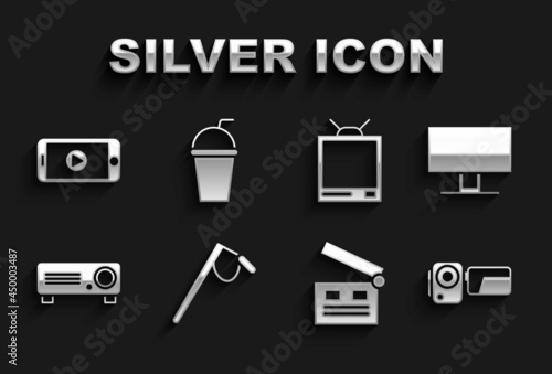 Set Microphone, Smart Tv, Cinema camera, Movie clapper, Movie, film, media projector, Retro tv, Online play video and Paper glass with straw icon. Vector