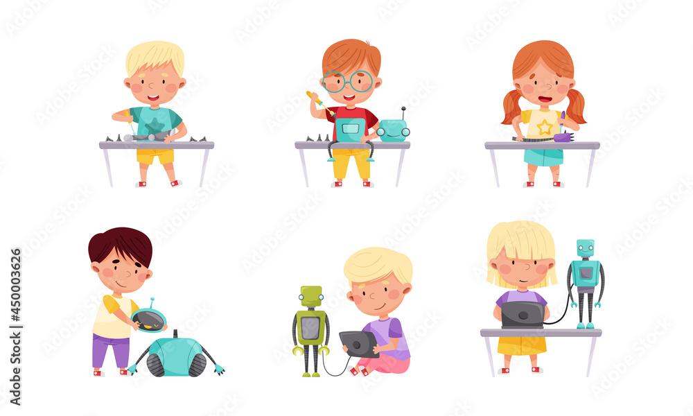 Little Children Engineering and Creating Robots Vector Illustrations Set Little Children Engineering and Creating Robots Vector Illustrations Set