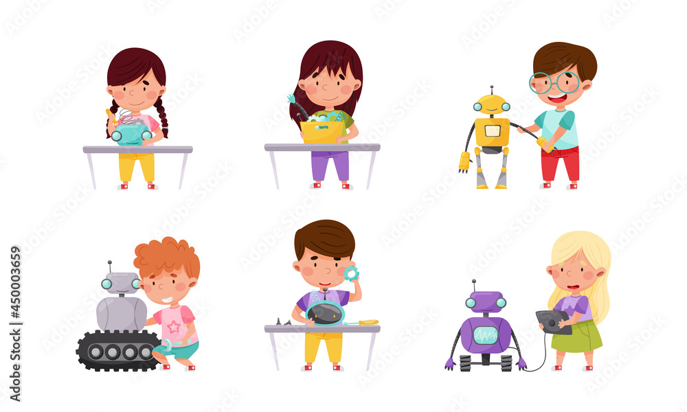 Little Children Engineering and Creating Robots Vector Illustrations Set