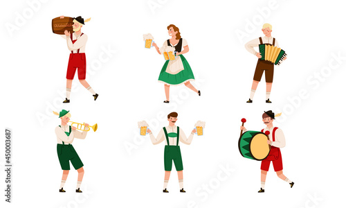 People Characters in Traditional Bavarian Costumes Playing Musical Instrument and Carrying Beer Mug Vector Illustration Set