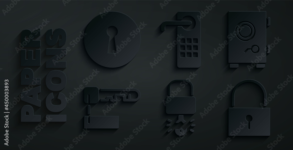 Set Key broke inside of padlock, Safe, Marked key, Lock, Digital door and Keyhole icon. Vector Set Key broke inside of padlock, Safe, Marked key, Lock, Digital door and Keyhole icon. Vector