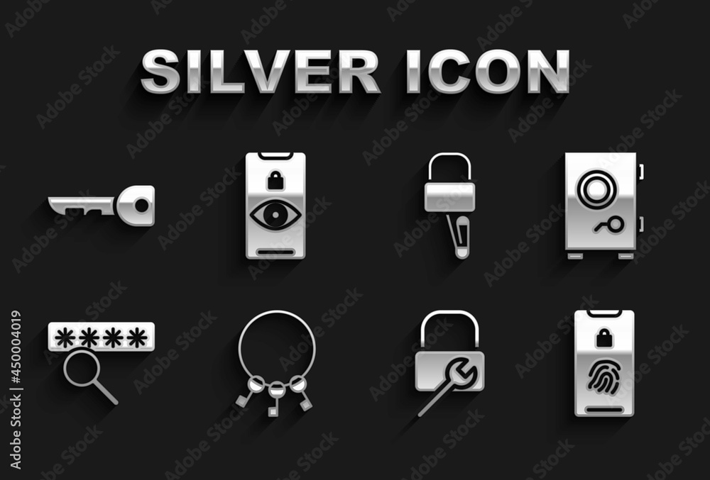 Set Bunch of keys, Safe, Mobile with fingerprint scan, Lock repair, Password protection, picks for lock picking, Key and Eye icon. Vector Set Bunch of keys, Safe, Mobile with fingerprint scan, Lock repair, Password protection, picks for lock picking, Key and Eye icon. Vector