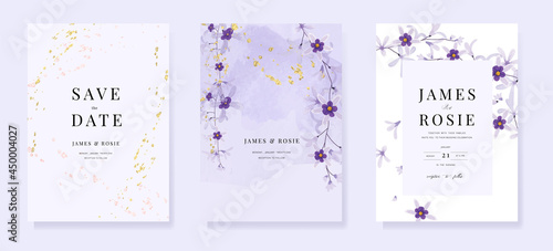 Minimal purple botanical Wedding Invitation, floral invite thank you, rsvp modern card Design in leaf and flower water color texture decorative Vector elegant rustic template