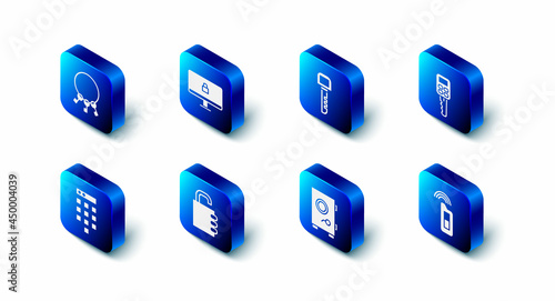 Set Lock on computer monitor, Key, Car key with remote, Safe, combination lock, Password protection and Bunch of keys icon. Vector