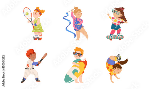 Cute Kids Athlete Playing Tennis, Skateboarding and Surfing Vector Illustration Set