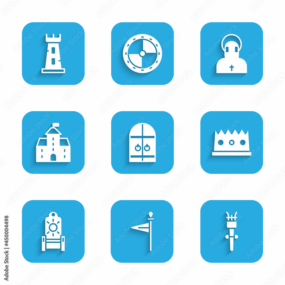 Set Medieval castle gate, flag, Torch flame, King crown, throne, Castle, fortress, Monk and tower icon. Vector Set Medieval castle gate, flag, Torch flame, King crown, throne, Castle, fortress, Monk and tower icon. Vector