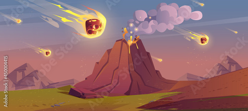 Jurassic period landscape with erupted volcano