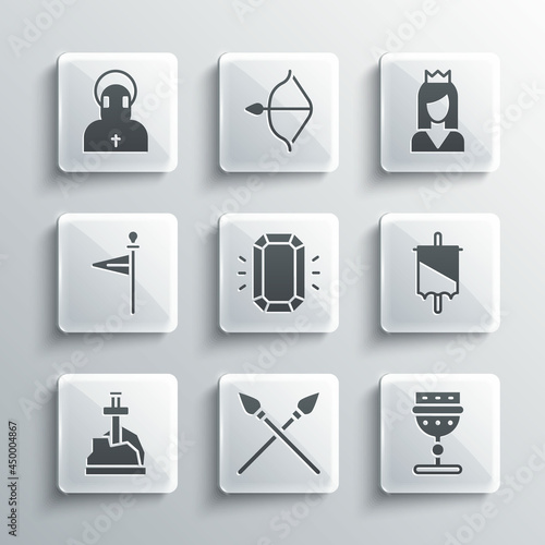 Set Crossed medieval spears, Medieval goblet, flag, Diamond, Sword in the stone, Monk and Princess icon. Vector