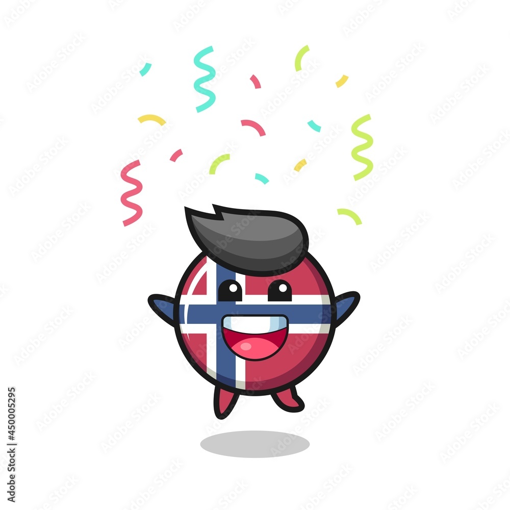 happy norway flag badge mascot jumping for congratulation with colour confetti happy norway flag badge mascot jumping for congratulation with colour confetti