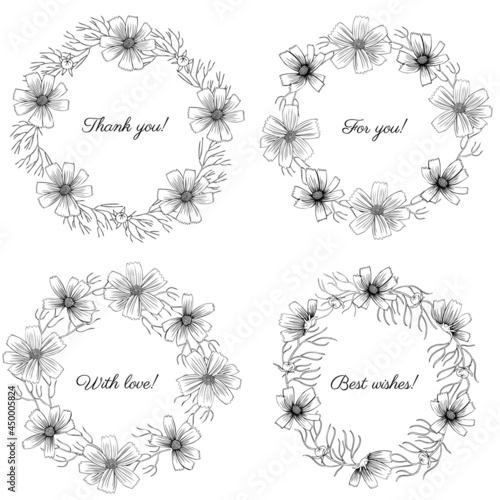 Decorative botanical wreath, round frame set, Kosmos flower, kosmeya hand drawn doodle ink sketch illustration, wild flower astra, floral design for greeting card, wedding invite, cosmetic packaging