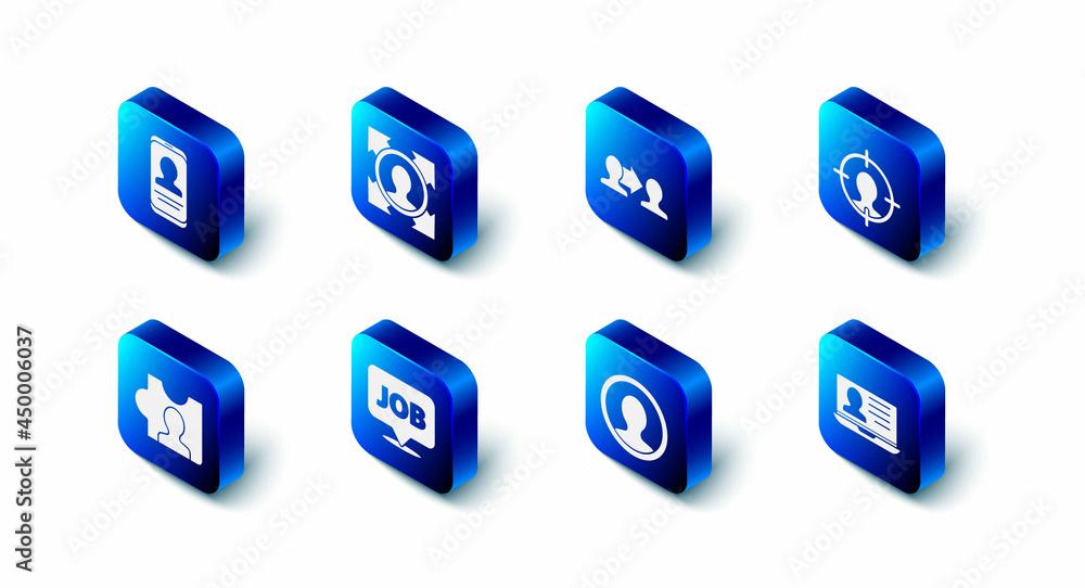 Set Head hunting, Project team base, Laptop with resume, Create account screen, Speech bubble job, and Mobile icon. Vector Set Head hunting, Project team base, Laptop with resume, Create account screen, Speech bubble job, and Mobile icon. Vector