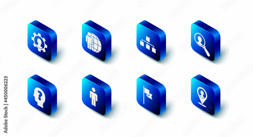 Set Head hunting, Hierarchy organogram chart, Magnifying glass for search, Location with person, marker, User of man, question and Human gear icon. Vector Set Head hunting, Hierarchy organogram chart, Magnifying glass for search, Location with person, marker, User of man, question and Human gear icon. Vector